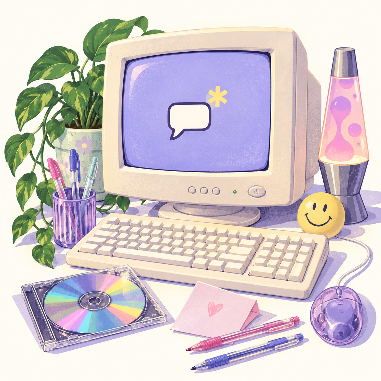 A cream-colored ’90s desktop computer, lavender mouse, gel pens, a CD, and a lava lamp